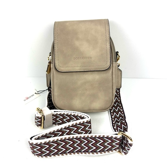 BOSTANTEN Crossbody Bag Tan Brown Handbag Purse Womens Guitar Strap Brand New - Picture 1 of 12